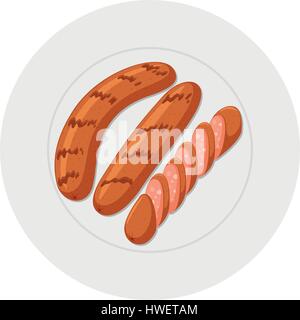Grilled sausages on round plate illustration Stock Vector