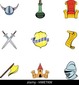 Medieval knight icons set, cartoon style Stock Vector