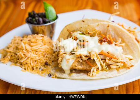 Delicious Fish Tacos Rice and Black Beans Stock Photo