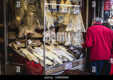 Dried codfishes for sale in Casa Natal old fashioned traditional grocery store in Porto city on Iberian Peninsula, second largest city in Portugal Stock Photo