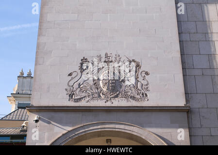 Royal Coat of Arms on the shopping arcade entrance to the Royal Opera House at Covent Garden. London. UK Stock Photo