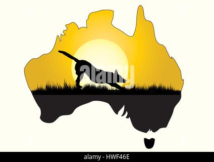 a map of Australia with dingo stretching Stock Vector