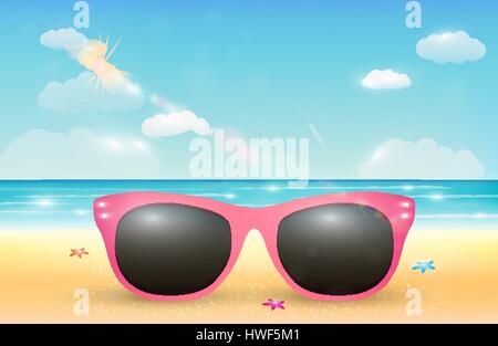 pink sunglasses on a bright sea sand beach Stock Vector