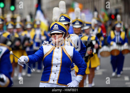 Mayobridge Band Irish marching band at the 2017 St. Patrick's Day Parade in London, UK.  7 times All Ireland Fleadh Champions. Stock Photo