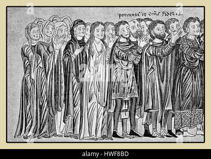 People in  procession with festive costumes, middle age representation, XII century Stock Photo