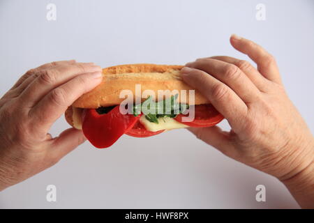 female hands holding sandwich. Photo by Willy Matheisl Stock Photo