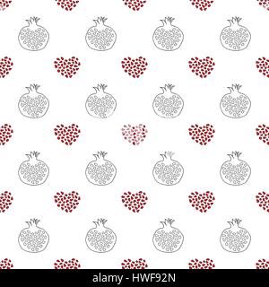 Abstract pomegranate and stylized hearts pattern. Hand drawn seamless vector background. Stock Vector
