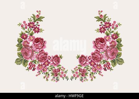 Embroidered floral ethnic neck line design, vintage pink roses. Fashion wearing. Stock Vector