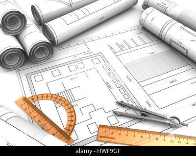 3d illustration of blueprints drawing background Stock Photo