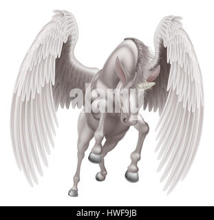 An illustration of a white pegasus unicorn mythological winged horse with horn rearing on its hind legs or running, jumping or flying seen from the fr Stock Photo
