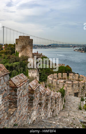 Rumeli Fortress (Fortress of Europe), Fatih Sultan Mehmet Bridge and Strait of Bosphorus, Istanbul, Turkey Stock Photo