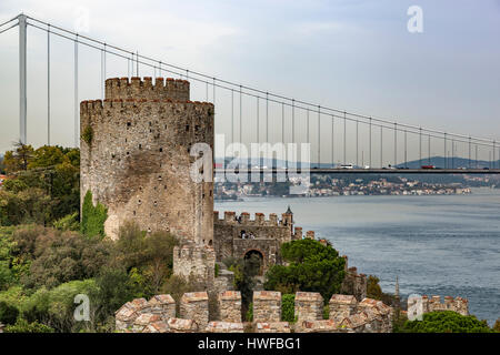 Rumeli Fortress (Fortress of Europe), Fatih Sultan Mehmet Bridge and Strait of Bosphorus, Istanbul, Turkey Stock Photo
