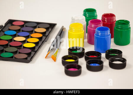 Paint brushes, watercolor paints and watercolor palette against white background Stock Photo