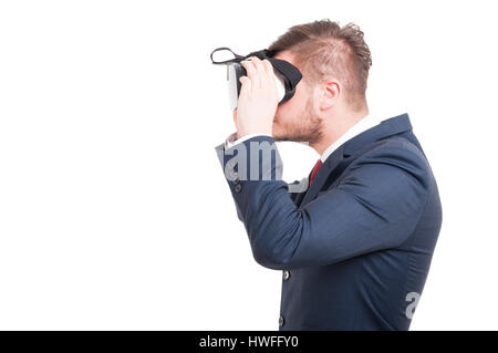 Businessman using vr glasses headset as cyberspace concept isolated on white with advertising area Stock Photo