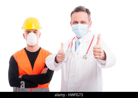 Friendly constructor and doctor showing thumb up with both hands isolated on white background Stock Photo