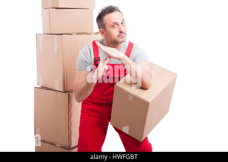 Delivery guy holding box and making time out gesture isolated on white background Stock Photo