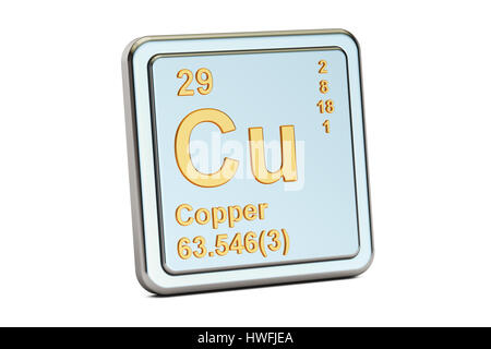 Copper Cu, chemical element sign. 3D rendering isolated on white background Stock Photo