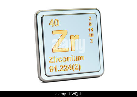 Zirconium Zr, chemical element sign. 3D rendering isolated on white background Stock Photo