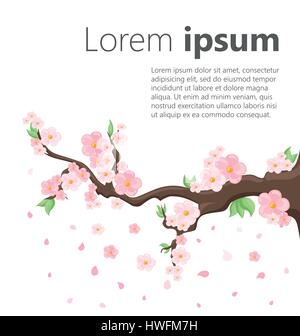 Branch of pink blossoming sakura. Japanese cherry tree. Vector decoration branches with flowers, spring Flat design style vector illustration. Stock Vector