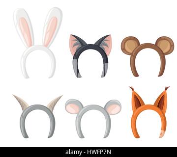 Set mask cat, rabbit, deer antler and ears. Isolated on white vector illustration Flat design style vector illustration Stock Vector