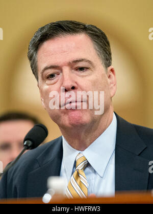 Washington DC, USA. 20th Mar, 2017. James Comey, Director of the Federal Bureau of Investigation gives testimony before the United States House Permanent Select Committee on Intelligence (HPSCI) on the 'Russian Active Measures Investigation' on Capitol Hill in Washington, DC on Monday, March 20, 2017. Credit: Ron Sachs/CNP ATTENTION EDITORS - North America Out - NO WIRE SERVICE - Photo: Ron Sachs/Consolidated/dpa/Alamy Live News Stock Photo