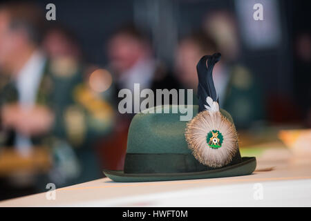 Leverkusen, Germany. 12th Mar, 2017. A marksman's hat can be seen at the national representatives meeting of the Catholic Civic Guard ('Katholische Schuetzen') of Germany in Leverkusen, Germany, 12 March 2017. After ongoing debates, the Catholic Civic Guard wants to open up to Muslims and change their handling of homosexuals. Photo: Rolf Vennenbernd/dpa/Alamy Live News Stock Photo