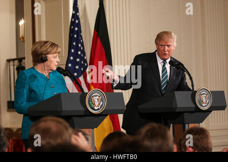 German Chancellor Angela Merkel visits Washington, D.C. on Friday, March 17, 2017 and meets with U.S. President Donald Trump at the White House. The two world leaders held a joint press conference in the White House's East Room. Stock Photo