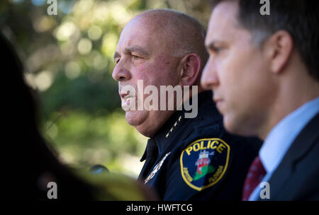 Jupiter, Florida, USA. 20th Mar, 2017. Town of Jupiter Police chief Frank Kitzerow with State Attorney Dave Aronberg announces an arrest in the triple murder on Super Bowl Sunday at a press conference in Jupiter, Florida on March 20, 2017. Christopher Vasata has been arrested in the case. Credit: Allen Eyestone/The Palm Beach Post/ZUMA Wire/Alamy Live News Stock Photo