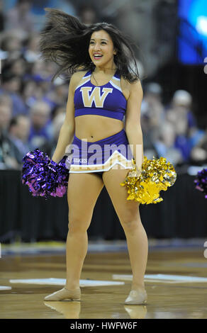 Seattle, WA, USA. 20th Mar, 2017. The UW cheer team perform during a timeout of a NCAA second round women's game between the Oklahoma Sooners and the Washington Huskies. The game was played at Hec Ed Pavilion on the University of Washington campus in Seattle, WA. Jeff Halstead/CSM/Alamy Live News Stock Photo