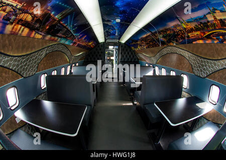 Bolton, UK. 21st Mar, 2017. A unique new restaurant in a former Russian jet has just 'landed' in Bolton. The Steak Out, Steaks on a Plane diner, built inside a Boeing 737 aircraft on Deane Road in the town, offers diners a custom built interior featuring led lights to replicate the night sky plus murals of cities around the world. Foodies can also fasten their seat belts in the cockpit as they await their orders. Interior of the restaurant. Picture by Paul Heyes, Tuesday March 21, 2017. Credit: Paul Heyes/Alamy Live News Stock Photo