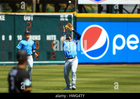 Bradenton, Florida, USA. 21st Mar, 2017. WILL VRAGOVIC | Times.Tampa Bay Rays shortstop Daniel Robertson (36) gets under the pop fly by Pittsburgh Pirates first baseman Jose Osuna (64) to end the first inning of the game between the Pittsburgh Pirates and the Tampa Bay Rays at LECOM Park in Bradenton, Fla. on Tuesday, March 21, 2017. Credit: Will Vragovic/Tampa Bay Times/ZUMA Wire/Alamy Live News Stock Photo