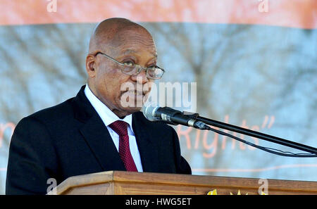 (170321) -- KING WILLIAM'S TOWN (SOUTH AFRICA), March 21, 2017 (Xinhua) -- South?African President Jacob Zuma speaks during a rally to mark the Human Rights Day in King William's Town, Eastern Cape Province, South Africa, on March 21, 2017. Amid a surge in racism, the South African government is finalizing the National Action Plan against Racism and Related Intolerances, President Jacob Zuma said on Tuesday. (Xinhua/DOC/Kopano Tlape) Stock Photo