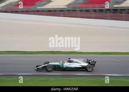 Lewis Hamilton in Mercedes Formula One F1 racing car at the Barcelona 2017 Grand Prix race. Stock Photo