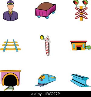 Railroad icons set, cartoon style Stock Vector