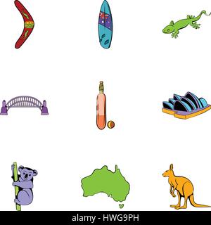 Australian continent icons set, cartoon style Stock Vector