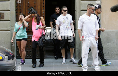 Deena Nicole Cortese, Jenni 'J Woww'Farley, Sammi 'Sweetheart' Giancola, Vinny Guadagnino, Mike 'The Situation' Sorrentino, and DJ Pauly D leave their residence during the fourth season of MTV's 'Jersey Shore' in Florence, Italy,  on May 14, 2011. Photo by Francis Specker Stock Photo