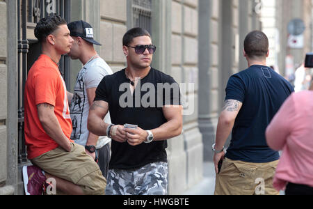 DJ Pauly D, Ronnie Ortiz-Magro, Mike 'the Situation' Sorrentino, and Vinny Guadagnino  take euros out of an ATM machine during the fourth season of MTV's 'Jersey Shore' in Florence, Italy,  on May 22, 2011. Photo by Francis Specker Stock Photo