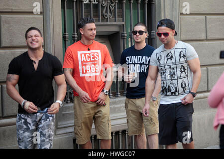 Ronnie Ortiz-Magro,DJ Pauly D,Vinny Guadagnino, and  Mike 'the Situation' Sorrentino take euros out of an ATM machine during the fourth season of MTV's 'Jersey Shore' in Florence, Italy,  on May 22, 2011. Photo by Francis Specker Stock Photo