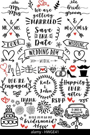 hand drawn wedding doodles and overlays, set of vector design elements Stock Vector