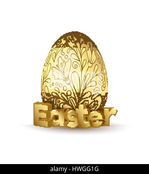 Glossy realistic golden egg with light handdrawn floral pattern and 3d letters. Isolated on white background. Vintage banner, card, poster for Easter, Stock Vector