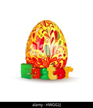 Easter egg, vector icon. Egg with hand draw colorful doodle on yellow pattern and varicolored 3d lettering Easter. Template for greeting card, banner, Stock Vector