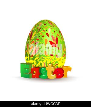 Easter egg, vector icon. Egg with hand draw colorful doodle on green pattern and varicolored 3d lettering Easter. Template for greeting card, banner,  Stock Vector