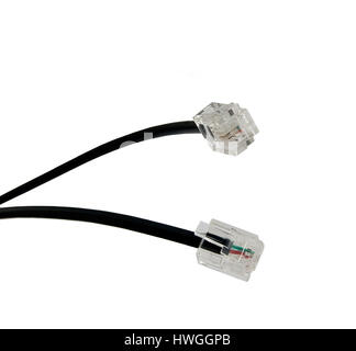 Black Modem Cables, Close-up, Isolated on White Stock Photo