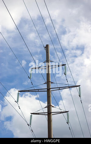 Electricity Pylon, Sky Background, Vertical Closeup Stock Photo