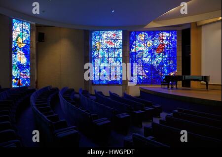 France, Alpes Maritimes, Nice, Musee National Marc Chagall by architect Andre Hermant and created at the initiative of Andre Malraux, the stained-glass windows of La Création du Monde (1971-1972) in the auditorium Stock Photo