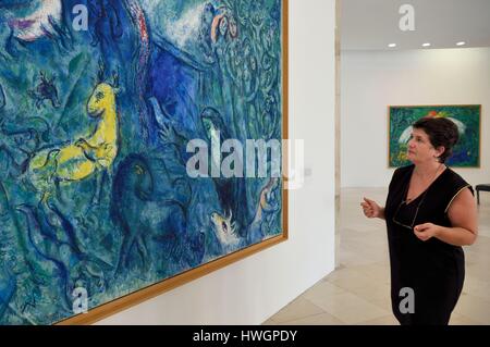 France, Alpes Maritimes, Nice, Musee National Marc Chagall by architect Andre Hermant and created at the initiative of Andre Malraux, hall of the Biblical Message paintings, Anne Dopffer, Director of the National Museums of Alpes-Maritimes in front of Noah's Ark (1961-1966) Stock Photo