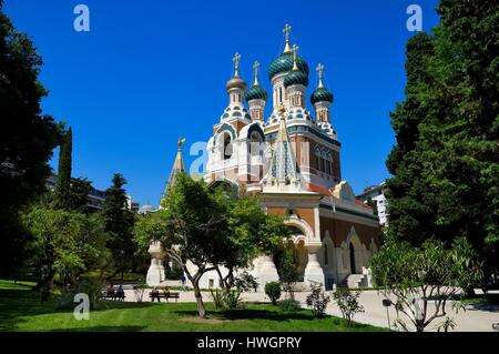 France, Alpes Maritimes, Nice, Russian Orthodox Cathedral of St Nicolas and St Alexandra built in 1859 on Boulevard Tzarevitch Stock Photo