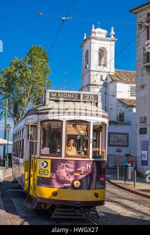 Portugal, Lisbon, Alfama district, Largo das Portas do Sol, the tramway or eletrico, the line 28 is the most famous and the mots picturesque Stock Photo