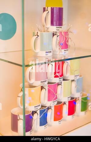 Belgium, Brussels, Hotel Pantone, souvenir coffee mugs in Pantone colors Stock Photo