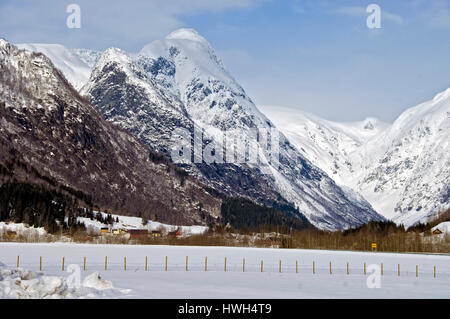 Winter scenery from Fjaerland in Stryn where the famous Glacier Museum is situated Stock Photo